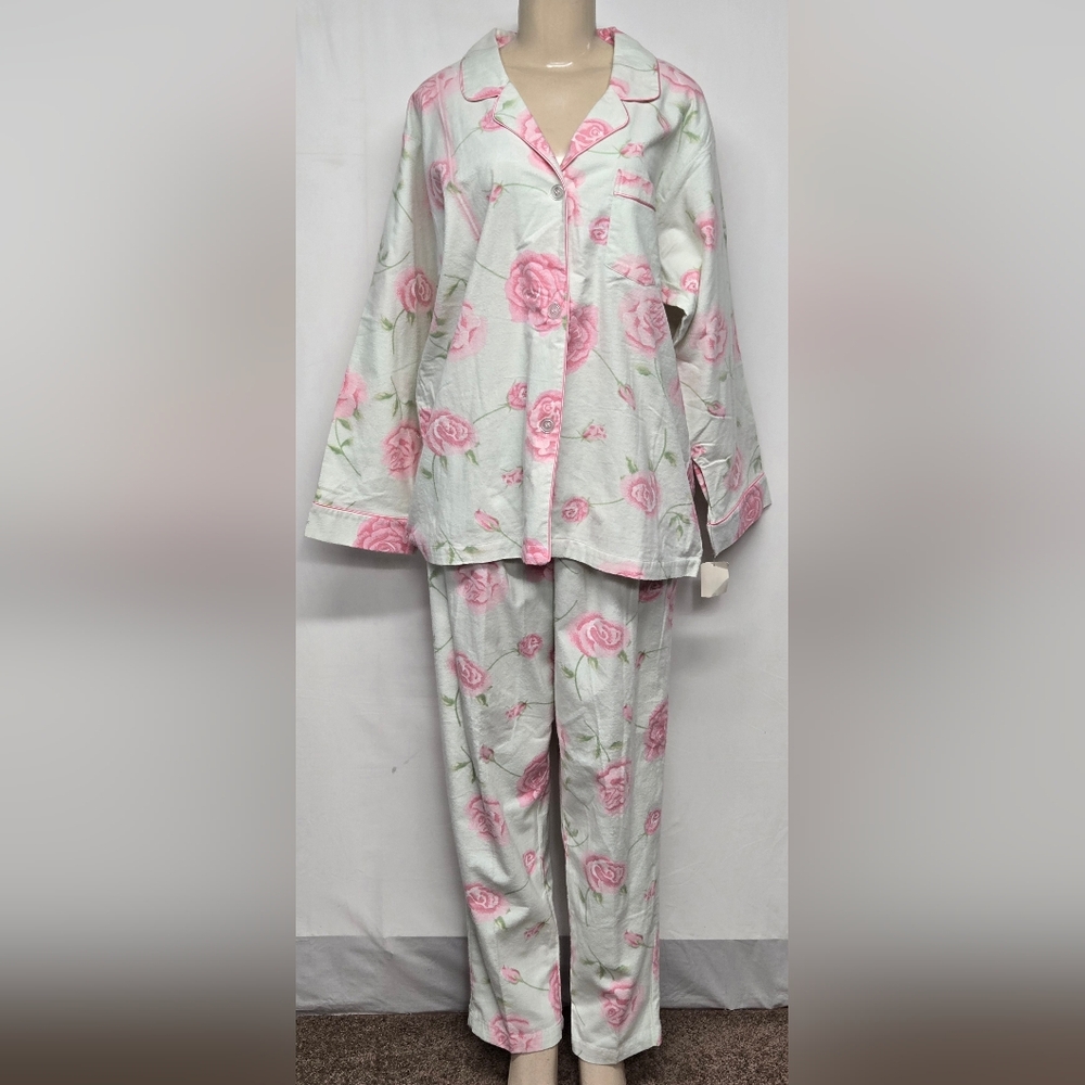 Characters 2 Pc Pale Green Pink Rose Flannel Pajama Set Cotton 1X